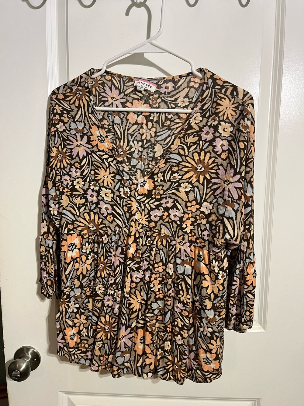 Andree Floral V-Neck Peasant Blouse in Brown, Peach & Lavender